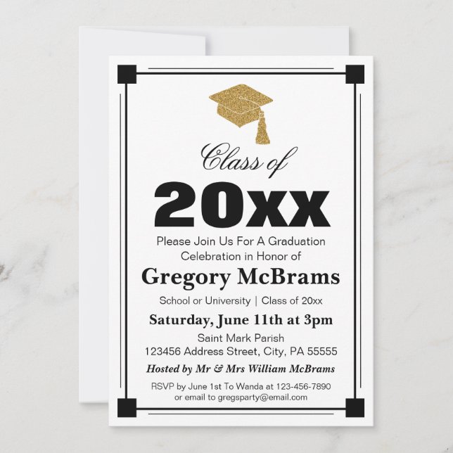 Convite Festa de formatura branca do estilo Art Deco (Frente)