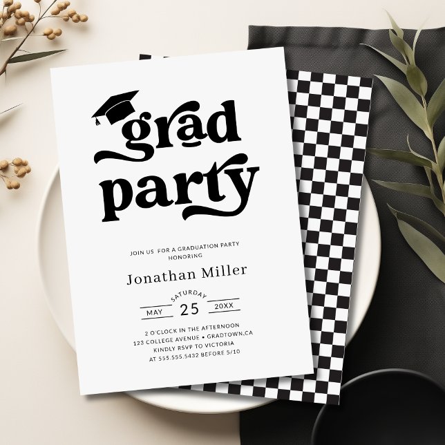 Convite Festa de formatura branca e preto retrô simples (Simple Retro Black and White Graduation Party Invitation)