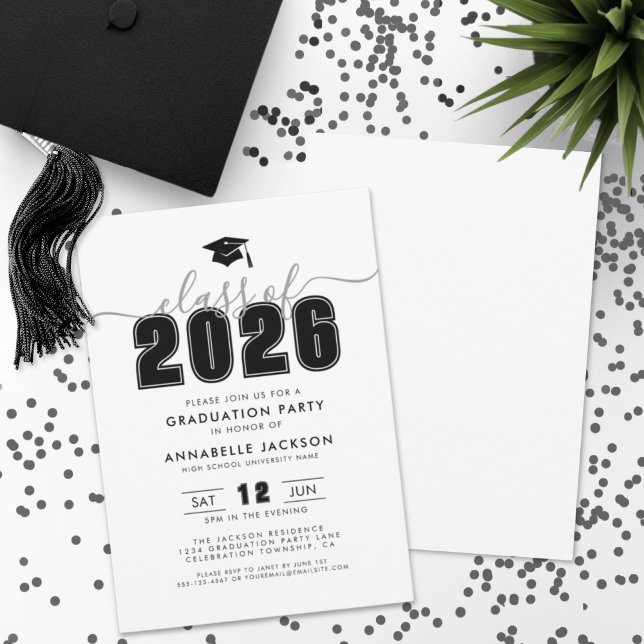 Convite Festa de formatura Branca Negra Moderna Simples (Simple Modern Black White Graduation Party Invitation)