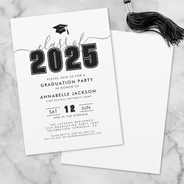 Convite Festa de formatura Branca Negra Moderna Simples (Simple Modern Black White Graduation Party Invitation)