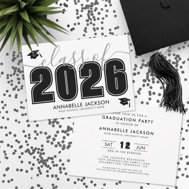 Convite Festa de formatura branca preta de script simples (Simple Script Black White Graduation Party Invitation)