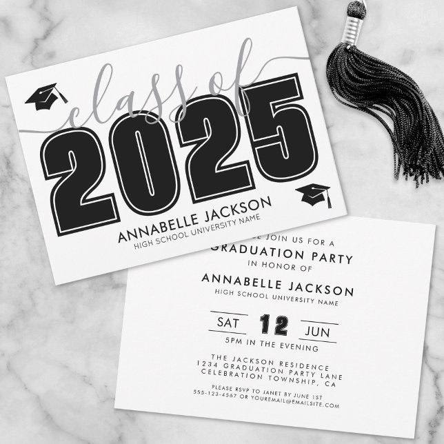 Convite Festa de formatura branca preta de script simples (Simple Script Black White Graduation Party Invitation)