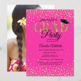 Convite Festa de Formatura Brilho Rosa Quente Preto Dourad