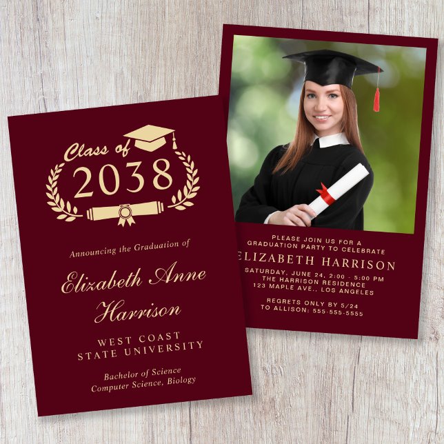Convite Festa de Formatura Burgundy com Letra Dourada em F (Formal Photo Gold Script Burgundy Graduation Party Invitation)