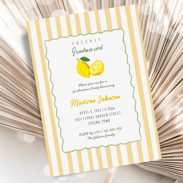 Convite Festa de Formatura Chic com Listra Amarela de Limã (Lemon Yellow Stripe Chic Graduation Party Invitation)