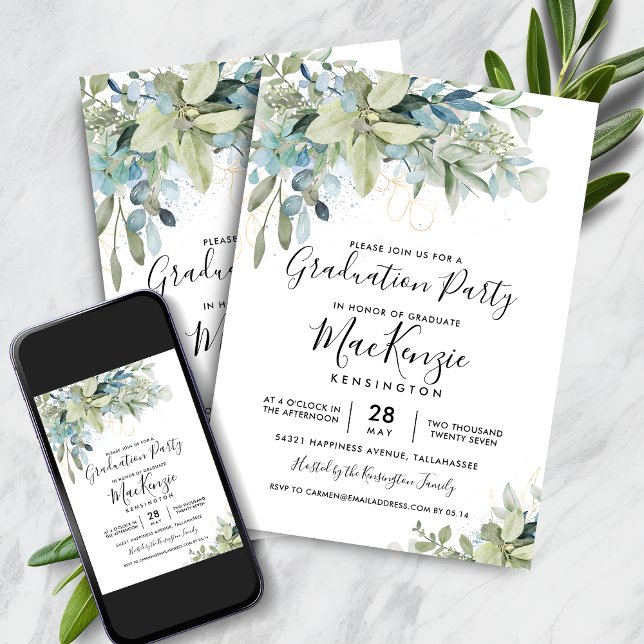 Convite Festa de formatura Chic Eucalyptus Greenery (Chic Eucalyptus Greenery Graduation Party Invitation with Instant Download)