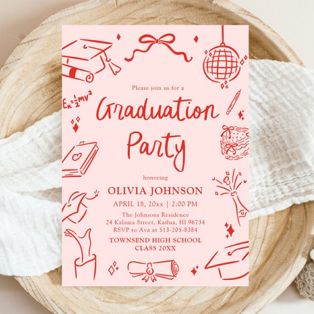 Convite Festa de Formatura com Arco Desenhado à Mão Capric (Modern Whimsical Hand Drawn Bow Graduation Party Invitation)