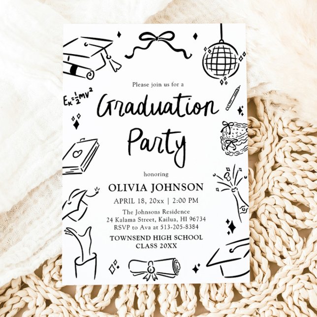 Convite Festa de Formatura com Arco Desenhado à Mão Capric (Modern Whimsical Hand Drawn Bow Graduation Party Invitation)