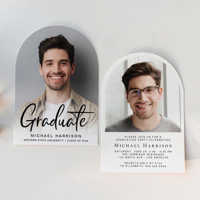 Convite Festa de Formatura com Arco Moderno (A modern arched-shaped photo graduation party invitation to celebrate the graduate's achievements)