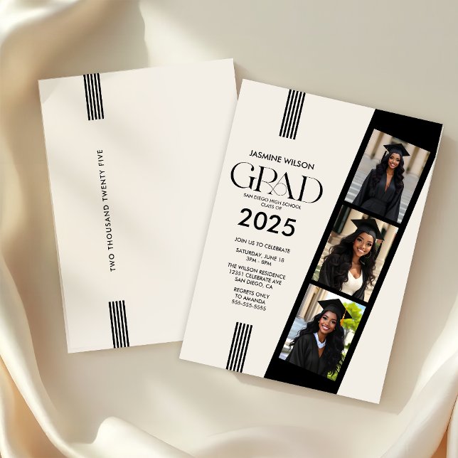 Convite Festa de Formatura com Faixa de Fotos Elegante (Elegant 3 Photo Graduation Party Invitation)