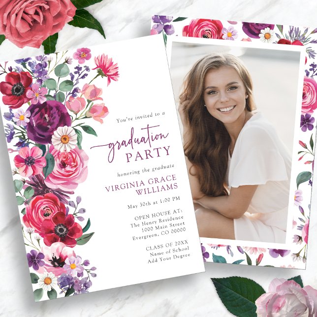 Convite Festa de Formatura com Flores Coloridas (Colorful Watercolor Floral Photo Graduation Party Invitation by Painted Paperie
)