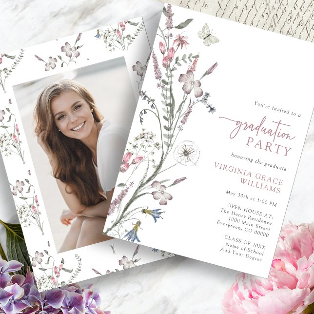 Convite Festa de Formatura com Flores Silvestres (Wildflower Graduation Party Invitation Butterfly with Picture by Painted Paperie
)