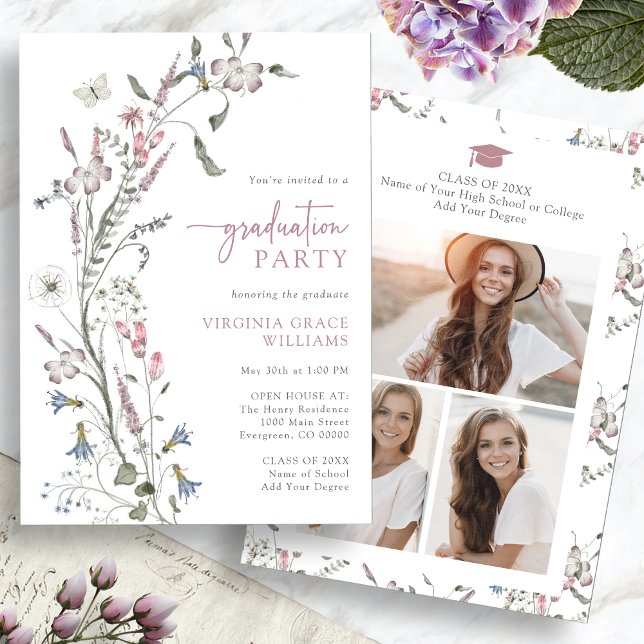 Convite Festa de Formatura com Flores Silvestres em Aquare (Watercolor Wildflower Graduation Party Invitation Pictures on back by Painted Paperie
)