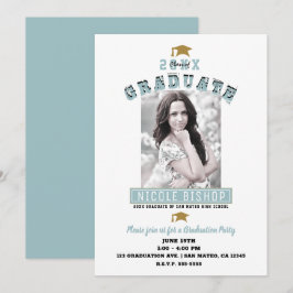 Convite Festa de Formatura com Foto Azul Branco Minimalist