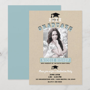 Convite Festa de Formatura com Foto Azul Kraft Minimalista