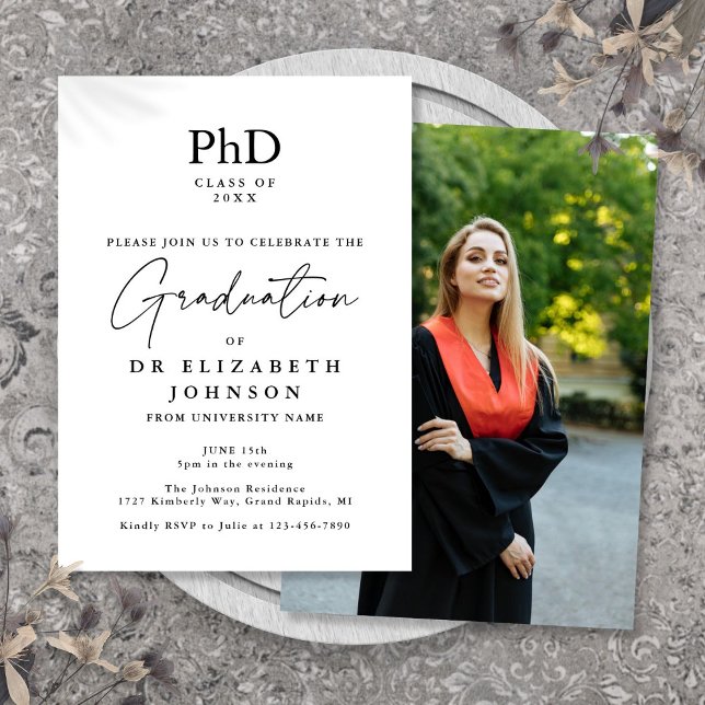 Convite Festa de Formatura com Foto de Doutorado em Script (Elegant Script PhD Degree Photo Graduation Party Invitation)