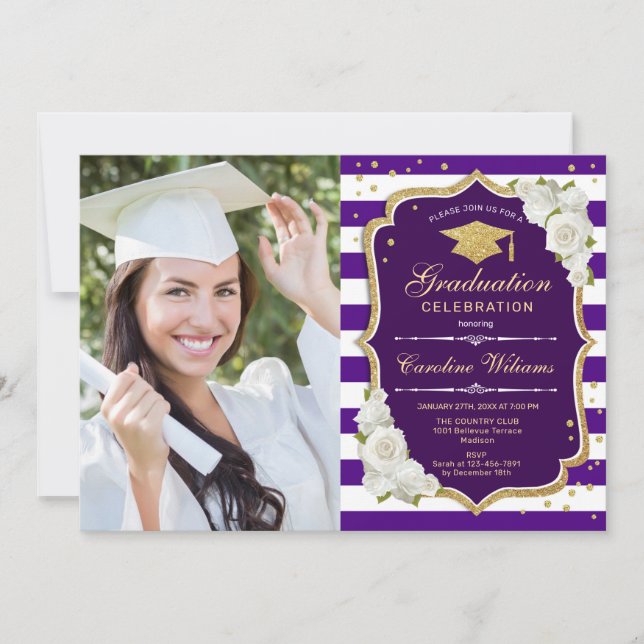 Convite Festa de formatura com foto - Dourado branco roxo (Frente)