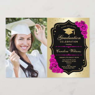 Convite Festa de formatura com foto - Dourado preto rosa q