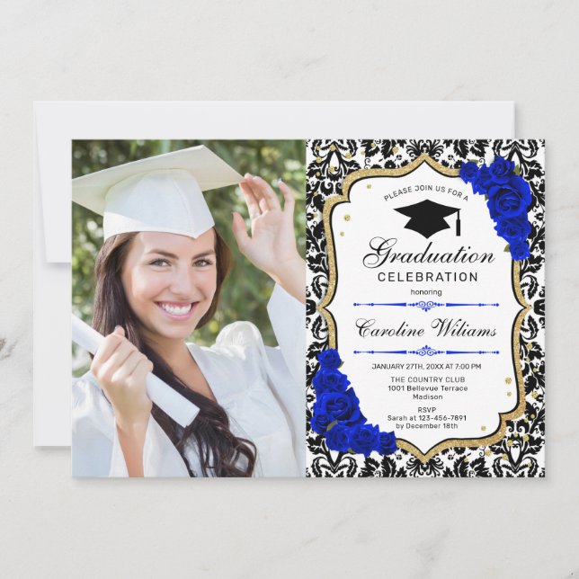Convite Festa de formatura com foto - Dourado Royal Blue (Frente)