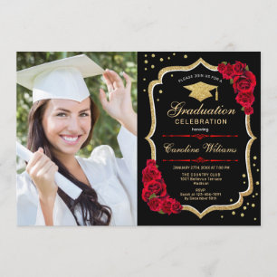 Convite Festa de formatura com foto - Dourado vermelho pre