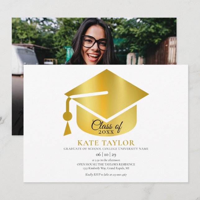 Convite Festa de Formatura com Foto em Dourado Moderno (Frente/Verso)