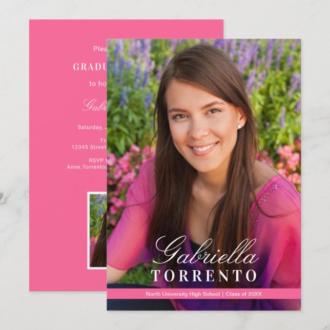 Convite Festa de Formatura com Foto em Rosa - Grafia Elega (Frente/Verso)