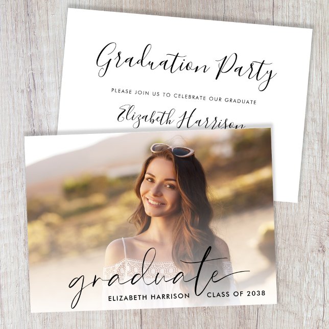 Convite Festa de Formatura com Foto em Script Elegante (Elegant Script Photo Graduation Party Invitation)