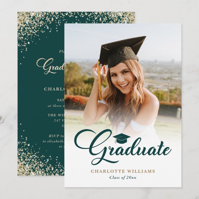 Convite Festa de Formatura com Foto em Verde e Dourado (Frente/Verso)