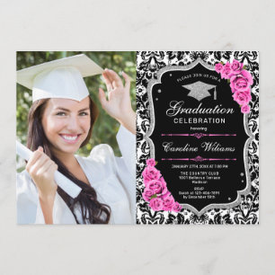 Convite Festa de formatura com foto - Prata rosa preta