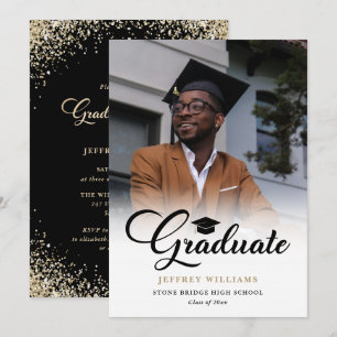 Convite Festa de Formatura com Foto Preto e Dourado Elegan