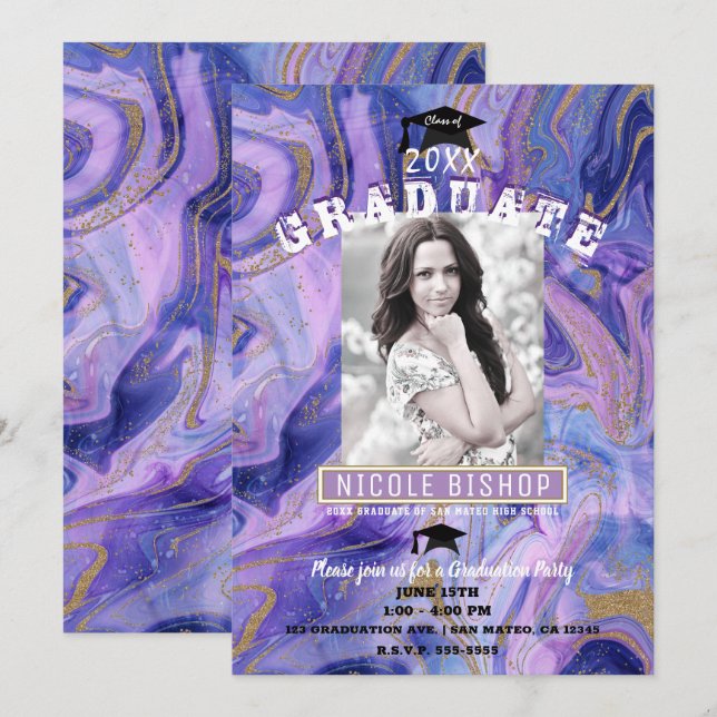 Convite Festa de Formatura com Fotos Glam com Mármore Dour (Frente/Verso)