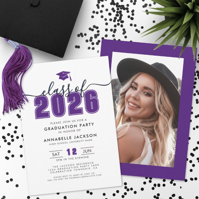Convite Festa de Formatura com Fotos Roxas (Purple Photo Graduation Party Invitation)