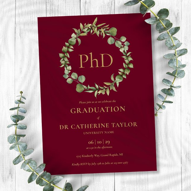 Convite Festa de Formatura com Grau de Doutorado em Vermel (PhD Degree Burgundy Red Garland Graduation Party Invitation)