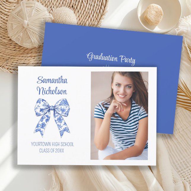 Convite Festa de Formatura com Laço Azul e Branco Foto (Blue bow graduation party photo invitation)