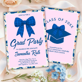 Convite Festa de Formatura com Laço Xadrez Azul de Flor Si