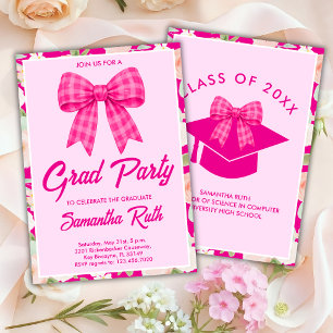 Convite Festa de Formatura com Laço Xadrez Rosa Vibrante W