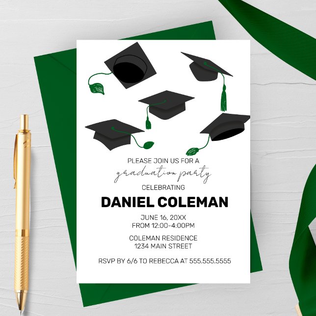 Convite Festa de Formatura com Lançamento de Capelo Modern (Green Tassel Hat Toss Graduation Party invitation)
