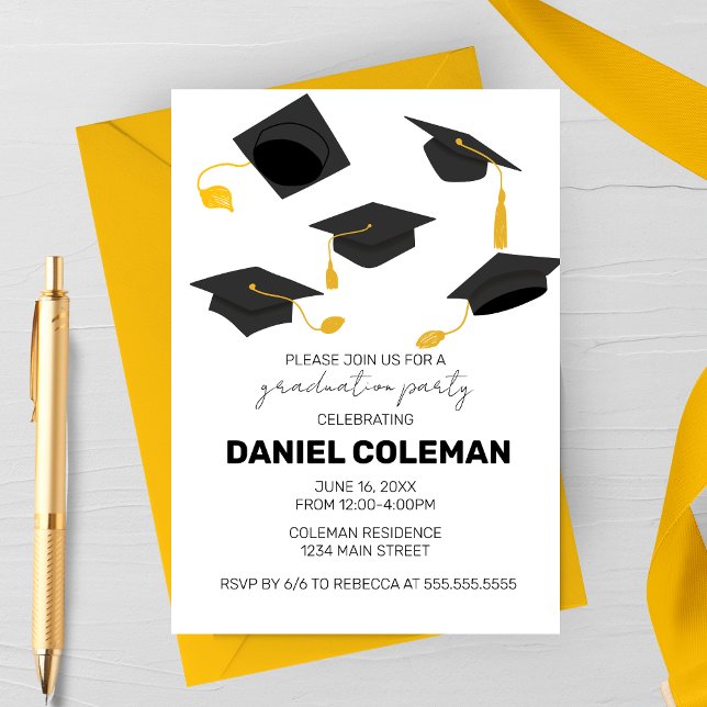 Convite Festa de Formatura com Lançamento de Capelo Modern (Yellow Tassel Hat Toss Graduation Party invitation)