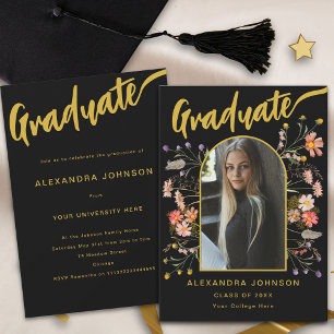 Convite Festa de Formatura com Letra Dourada Floral Gradua
