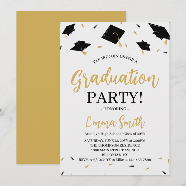 Convite Festa de Formatura com Letra Dourada Moderna (Frente/Verso)