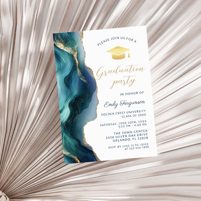 Convite Festa de Formatura com Mármore de Safira Azul Mode (Modern Blue Sapphire Agate Graduation Party Invitation)