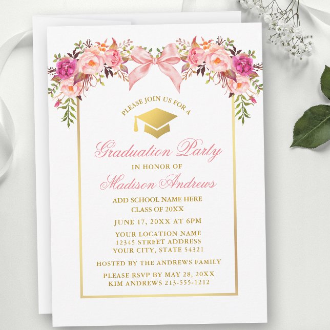 Convite Festa de Formatura com Rosas em Aquarela e Laço Ro (Customize to change text color, text style or to add text to back of card.)