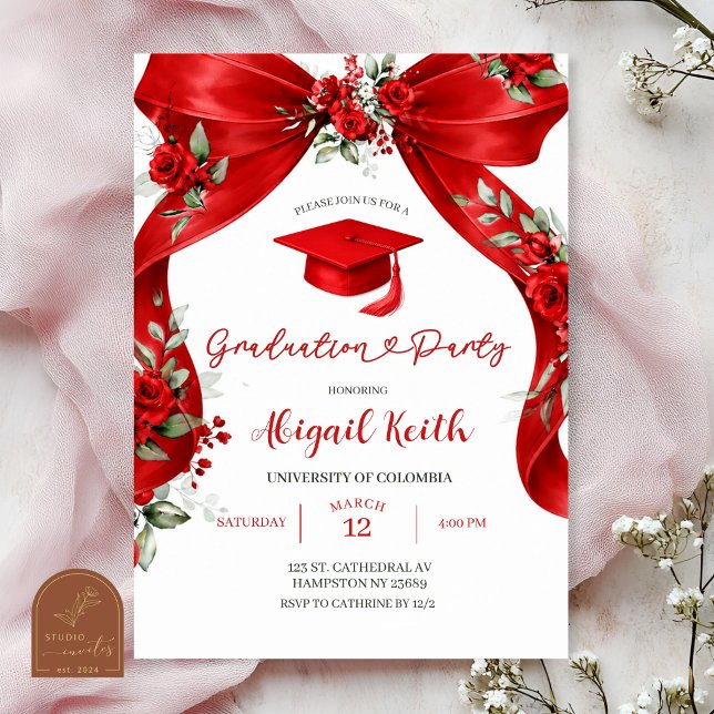 Convite Festa de Formatura Coquette com Laço Vermelho com  (Criador carregado)