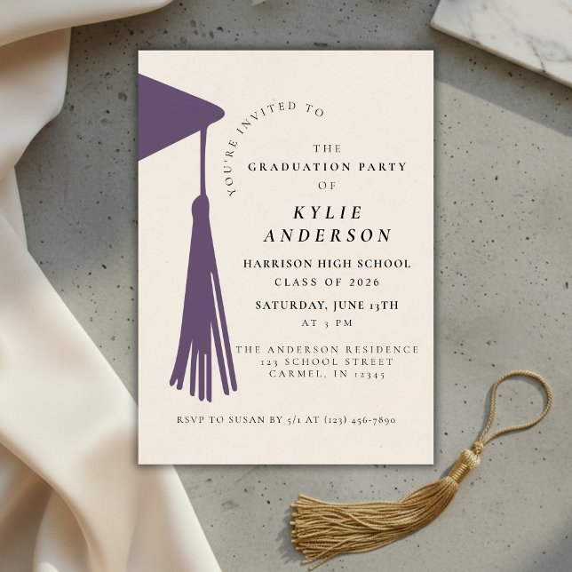 Convite Festa de Formatura da Escola de Tassel Roxo (Purple Tassel High School Graduation Party Invitation)