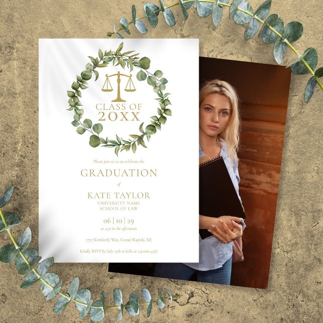 Convite Festa de Formatura da Faculdade de Direito com Gri (Elegant Garland Photo Law School Graduation Party Invitation)