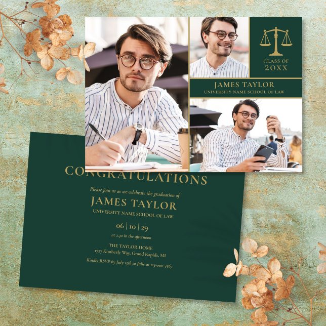 Convite Festa de Formatura da Faculdade de Direito Verde E (Emerald Green 3 Photo Law School Graduation Party Invitation)