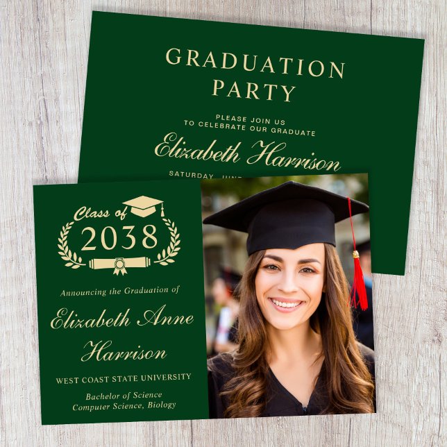 Convite Festa de Formatura da Faculdade Verde Dourado Eleg (Elegant Photo Green Gold College Graduation Party Invitation)