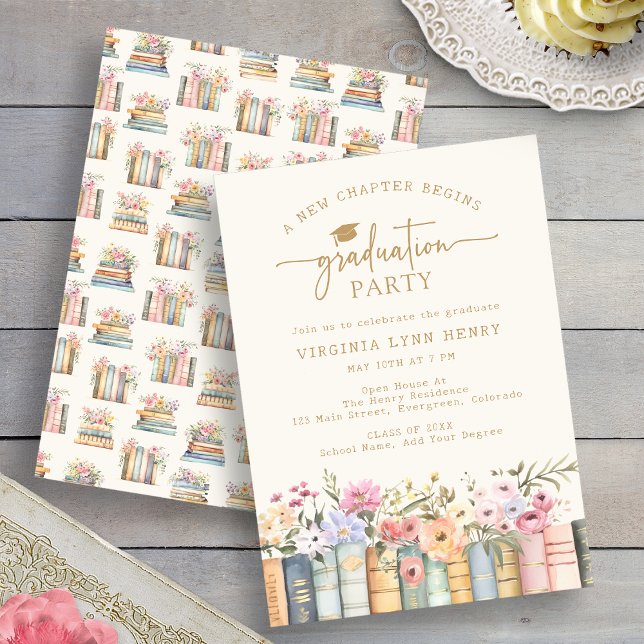 Convite Festa de Formatura da Floral Books (Watercolor Floral Books Graduation Party Invitation by Painted Paperie
)