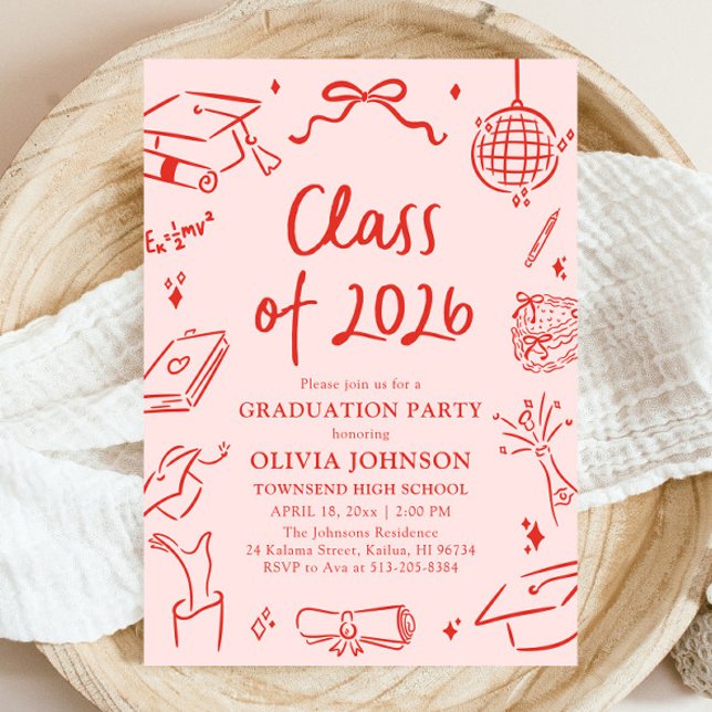 Convite Festa de Formatura da Turma de 2026 Desenhada à Mã (Modern Hand Drawn Class of 2026 Graduation Party Invitation)