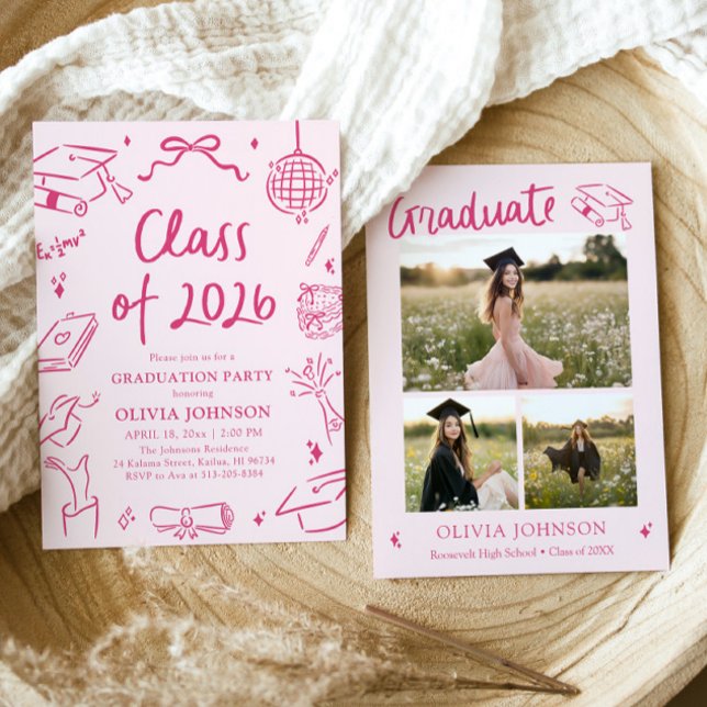 Convite Festa de Formatura da Turma de 2026 Desenhada à Mã (Modern Hand Drawn Class of 2026 Graduation Party Invitation)